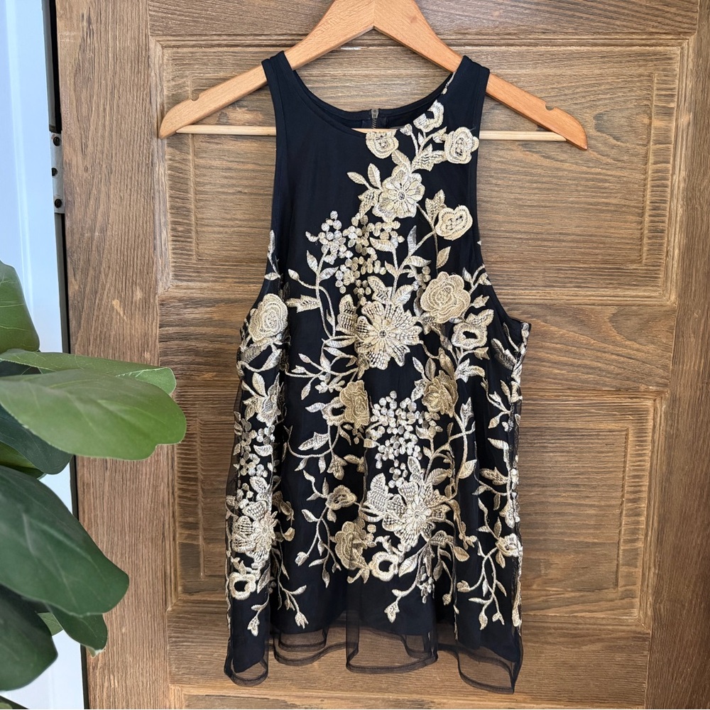 Anthropologie Sunday in Brooklyn Black and GoldEmbroidered Sleeveless Top  XS